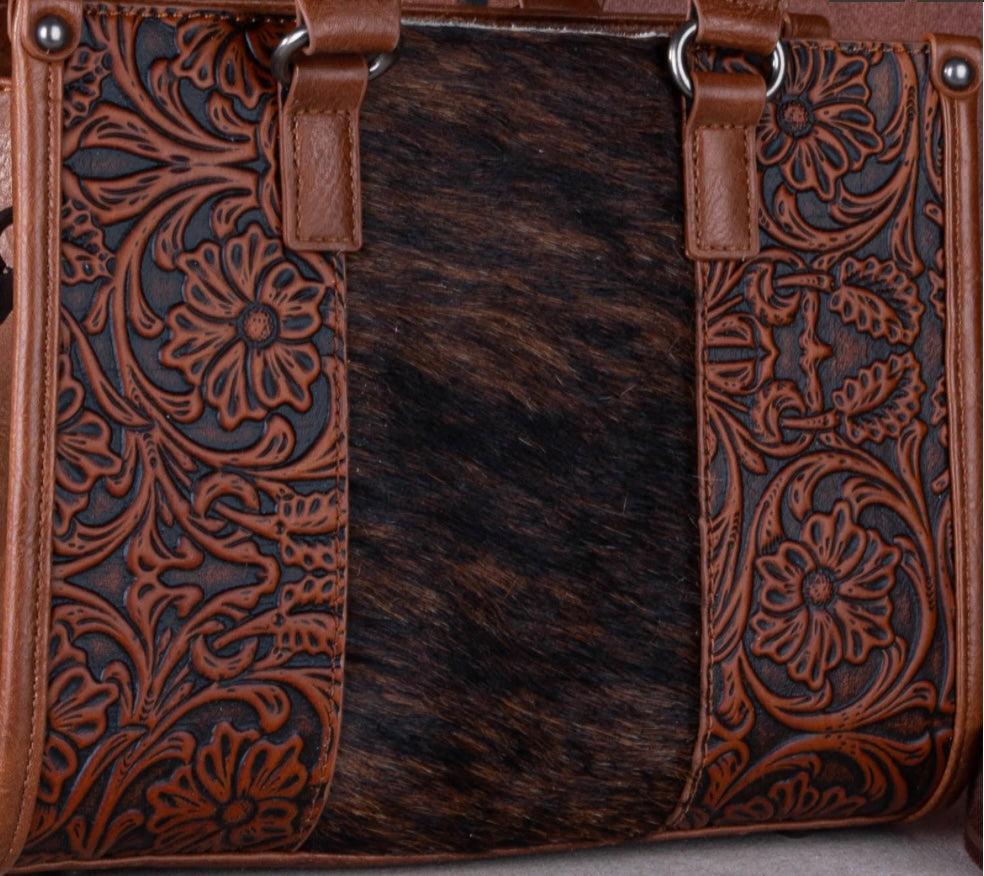 Trinity Ranch Hair On Cowhide Floral Tooled Concealed Carry Bag