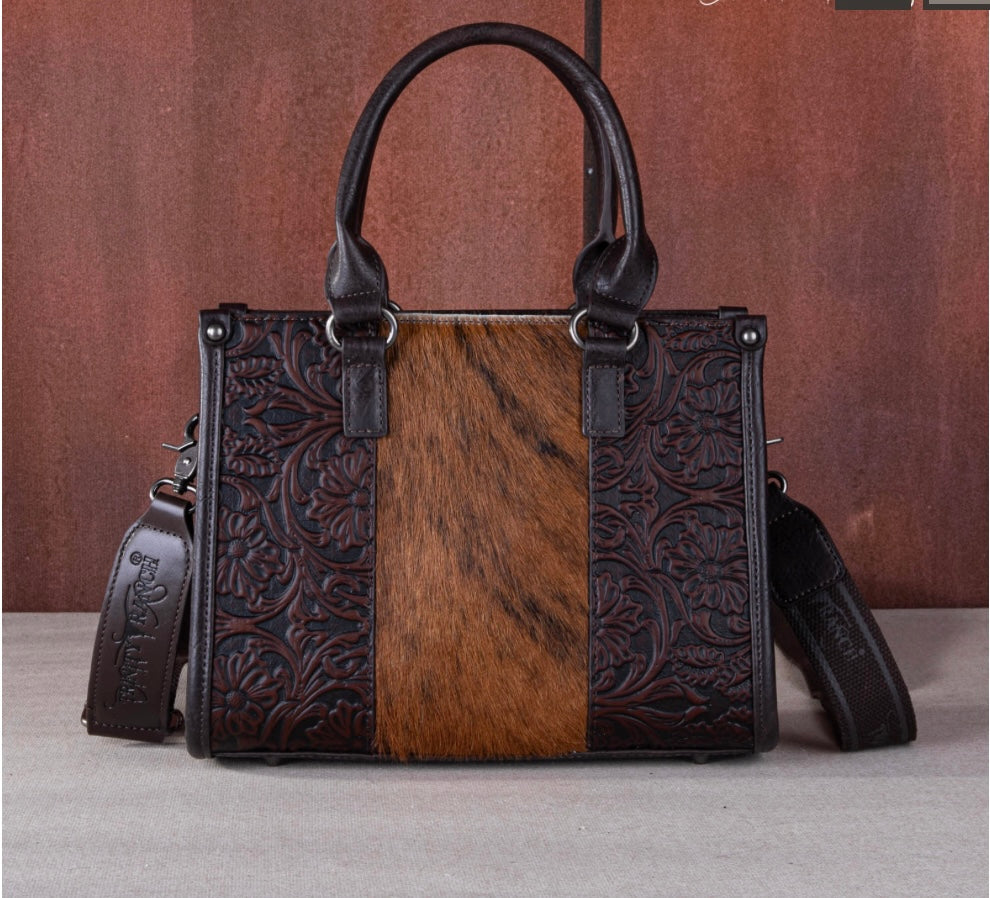 Trinity Ranch Hair On Cowhide Floral Tooled Concealed Carry Bag