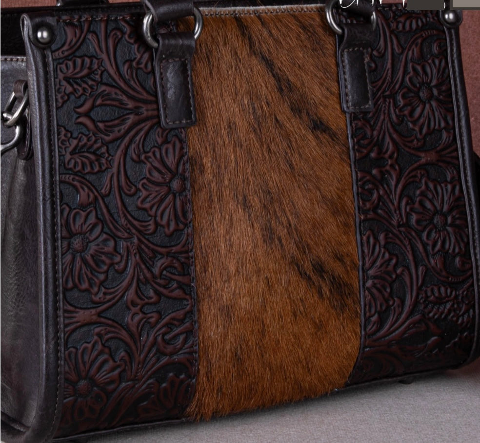 Trinity Ranch Hair On Cowhide Floral Tooled Concealed Carry Bag