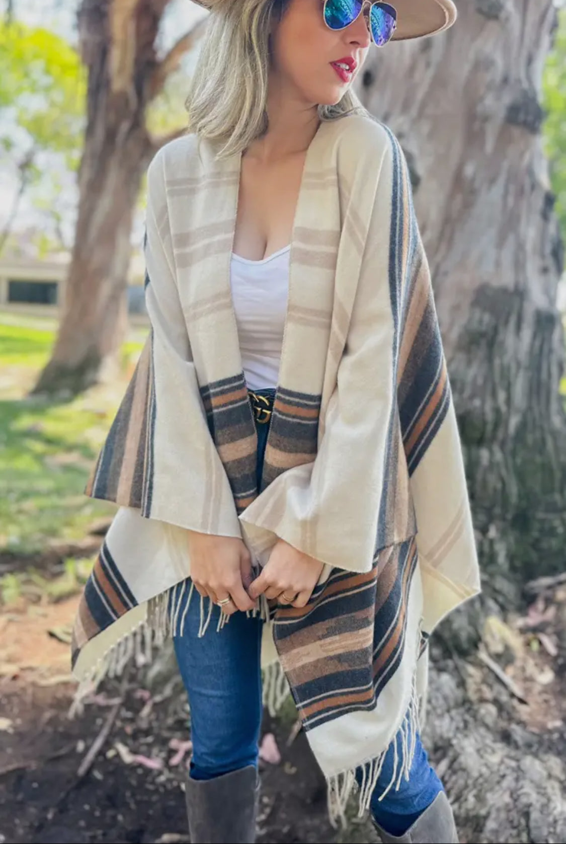 Striped Ruana Cardigan with Tassel