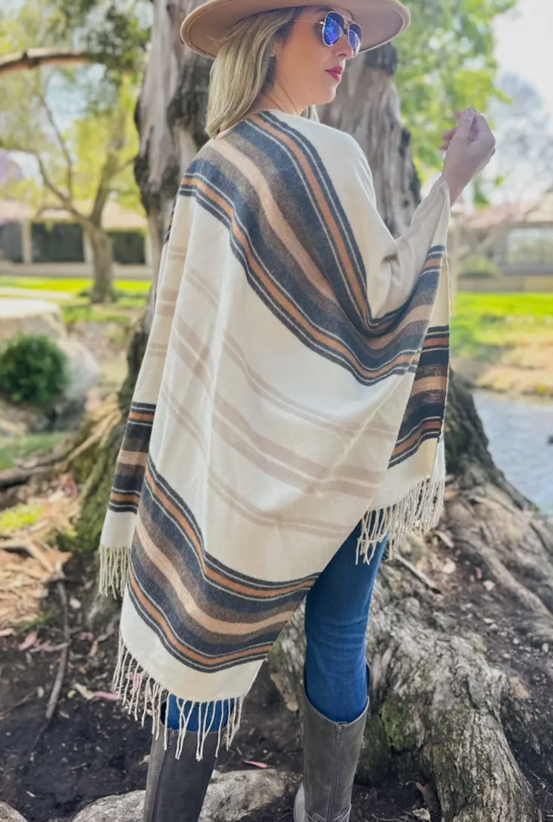 Striped Ruana Cardigan with Tassel