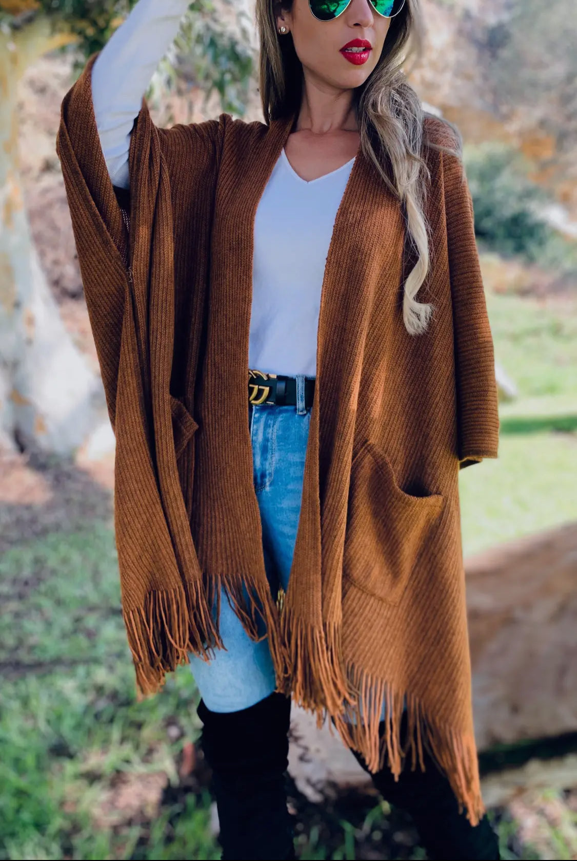 Pocket Kimono Cardigan with Fringe