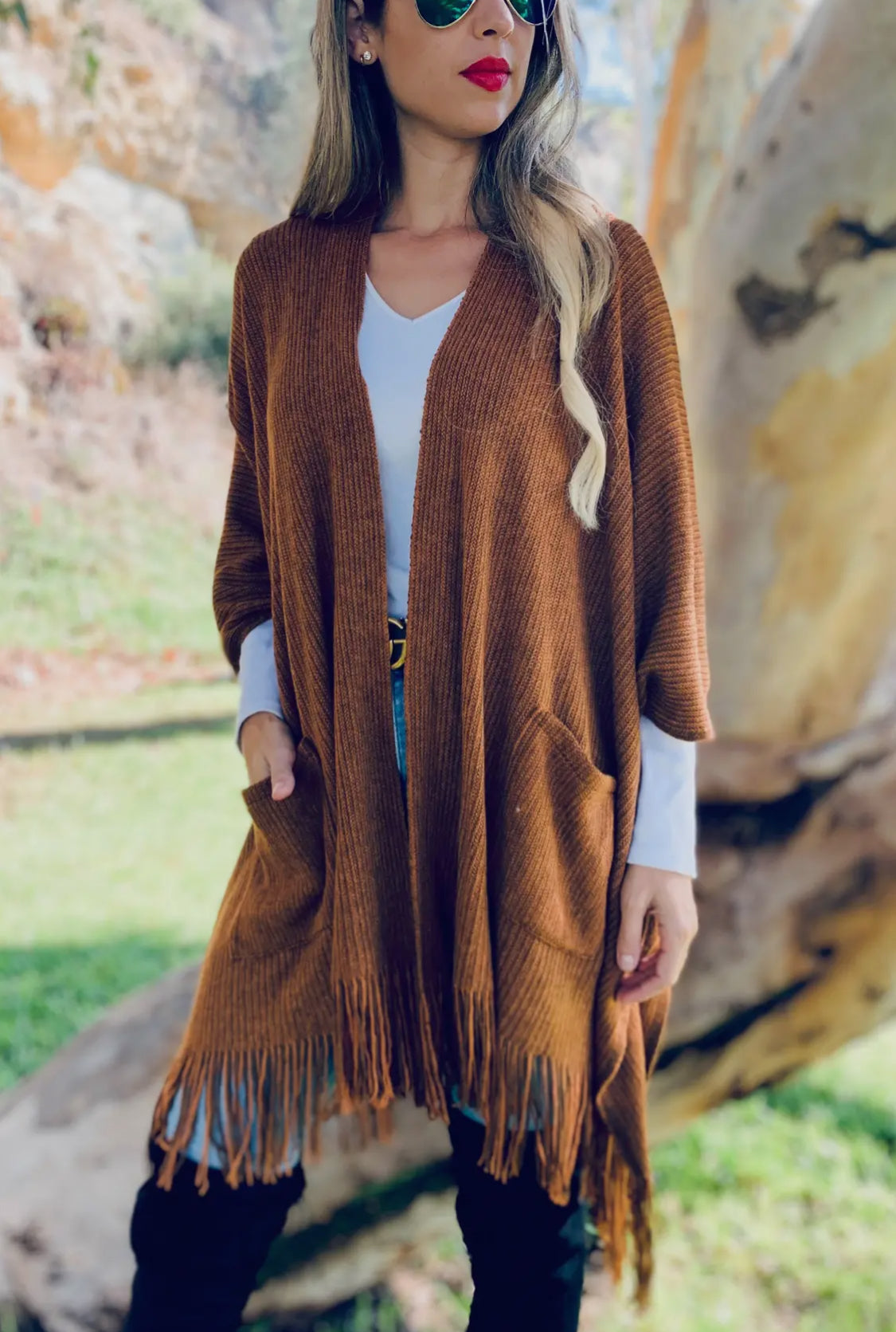 Pocket Kimono Cardigan with Fringe