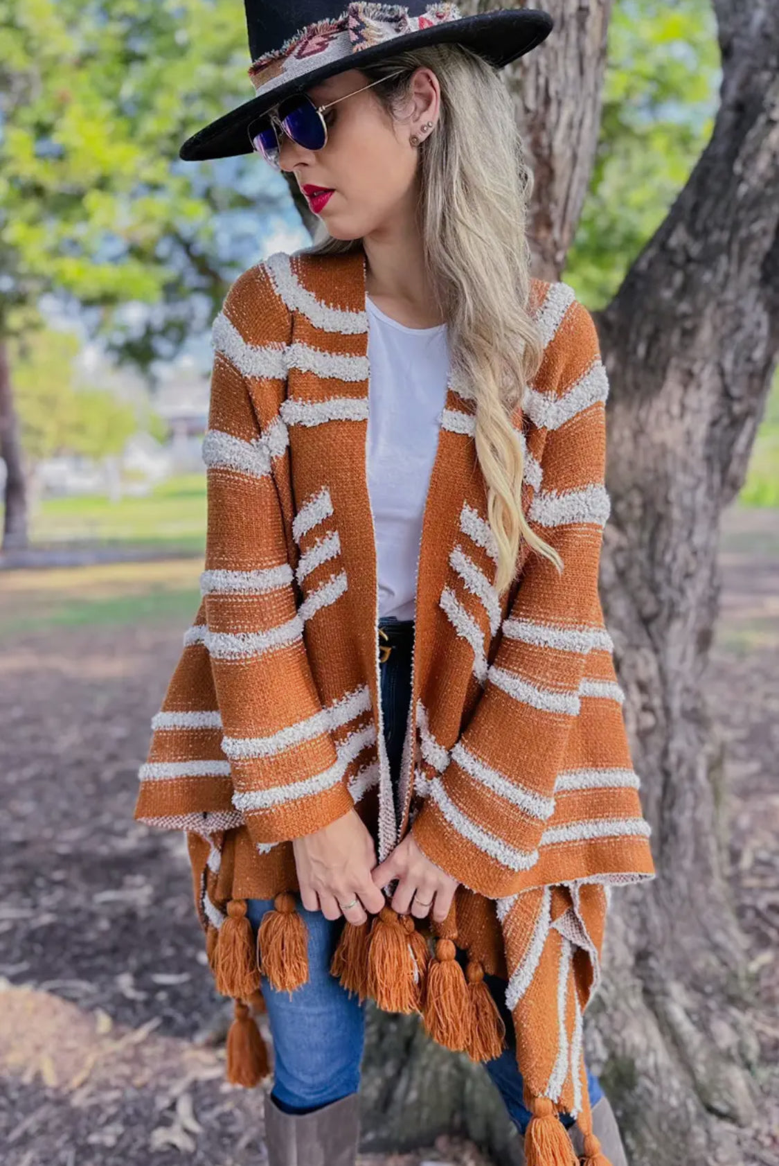 Caramel Textured Cardigan with Chunky Tassels