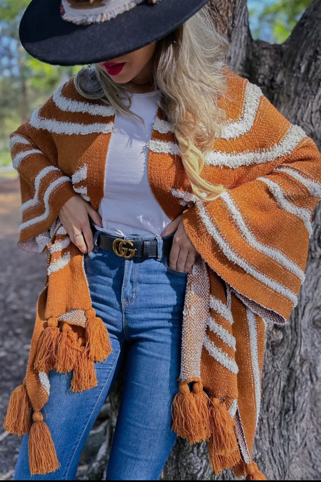 Caramel Textured Cardigan with Chunky Tassels