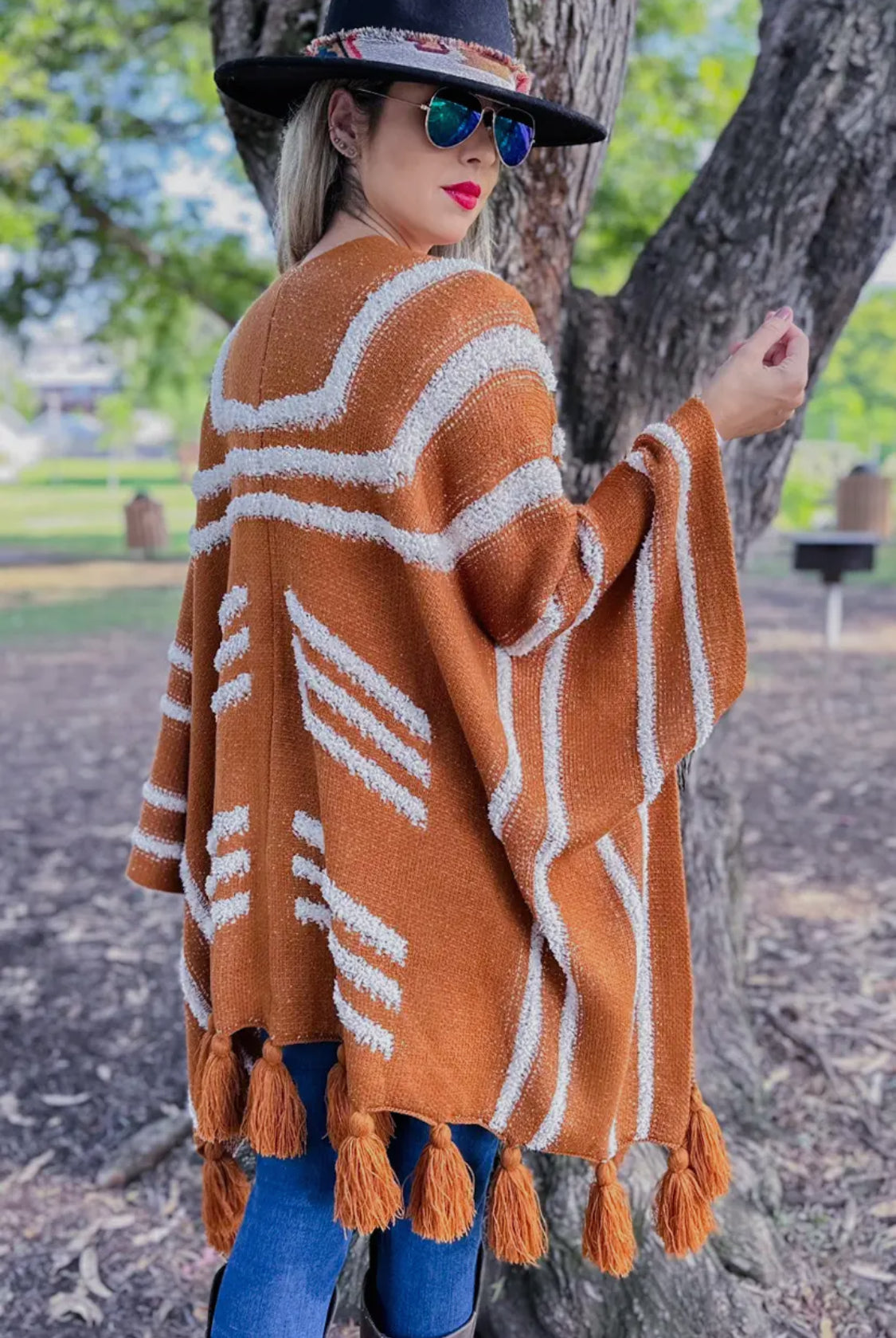 Caramel Textured Cardigan with Chunky Tassels