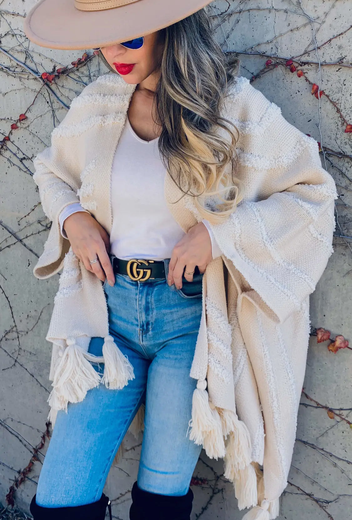 Cream Textured Cardigan with Chunky Tassels