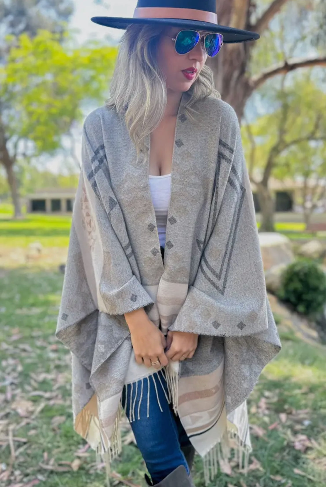 Grey Multi Aztec Ruana with Tassel