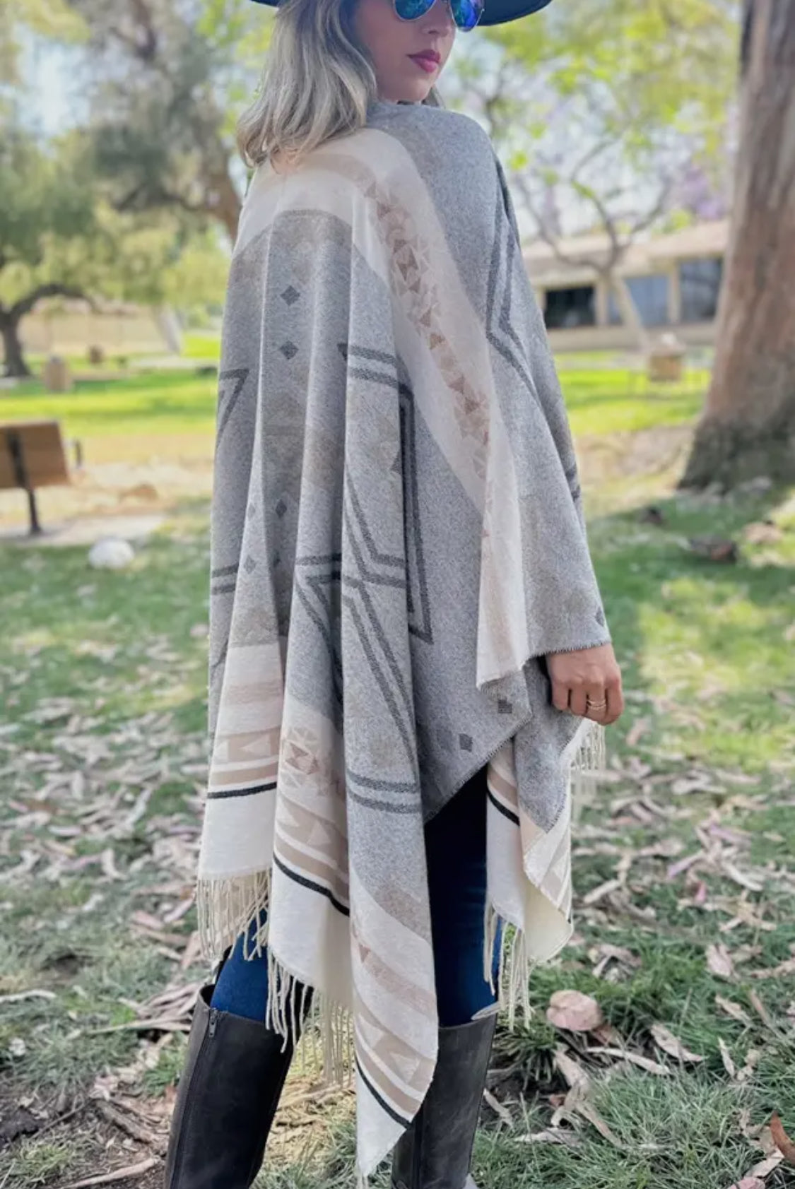 Grey Multi Aztec Ruana with Tassel