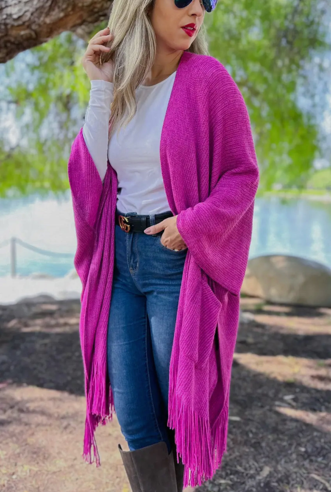 Fuchsia Pocket Kimono Cardigan with Fringe - Main Image