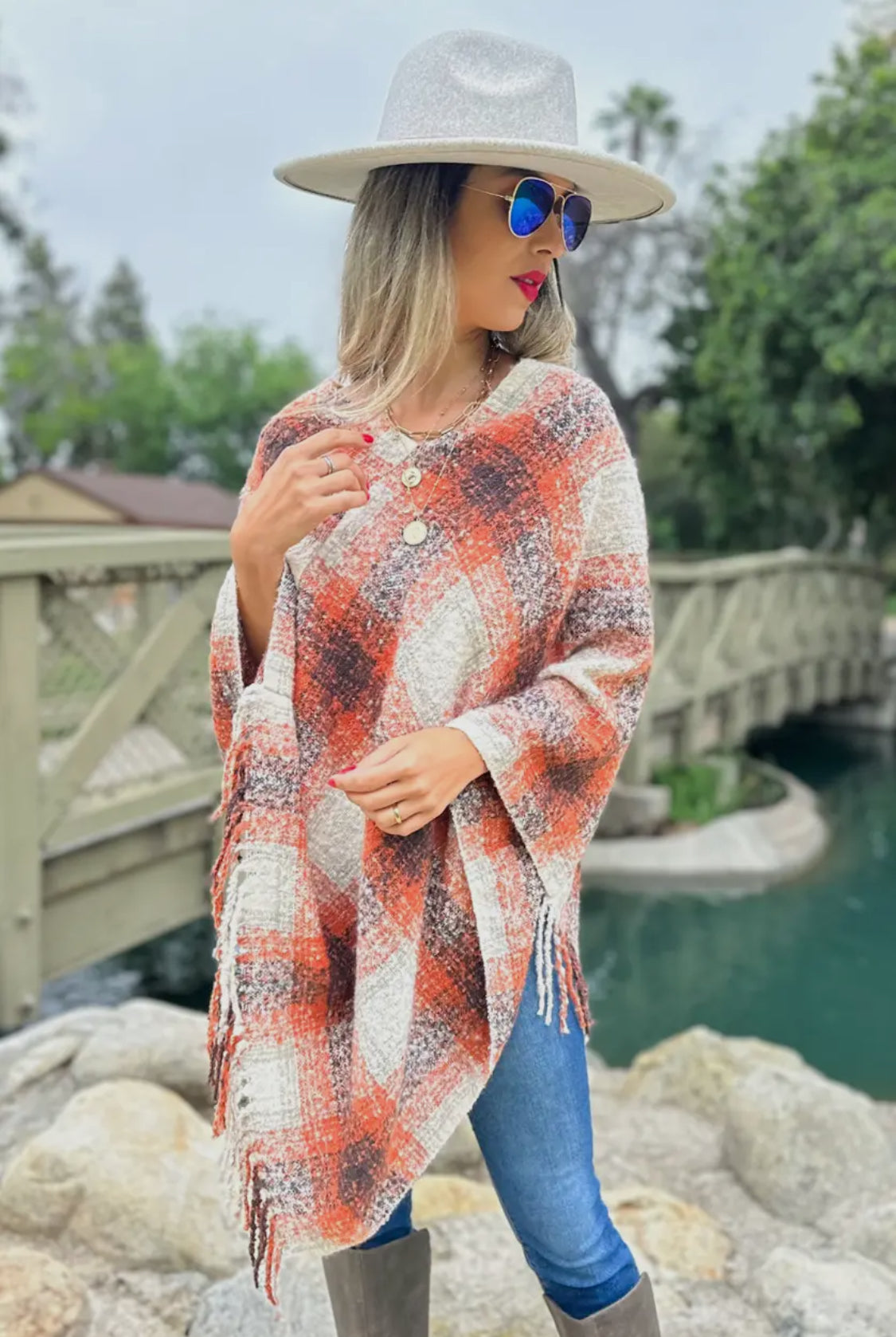 Multi Printed Poncho with Tassel