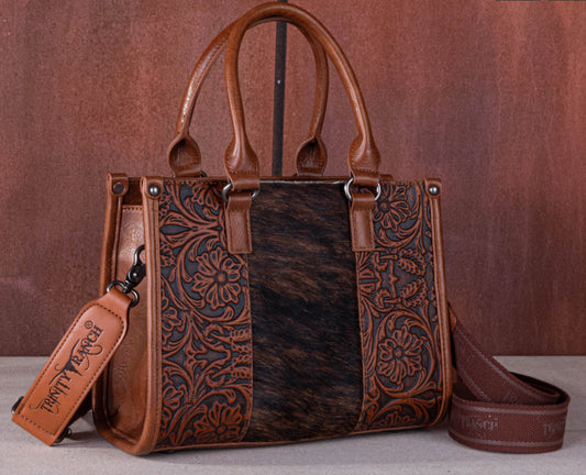 Trinity Ranch Hair On Cowhide Floral Tooled Concealed Carry Bag