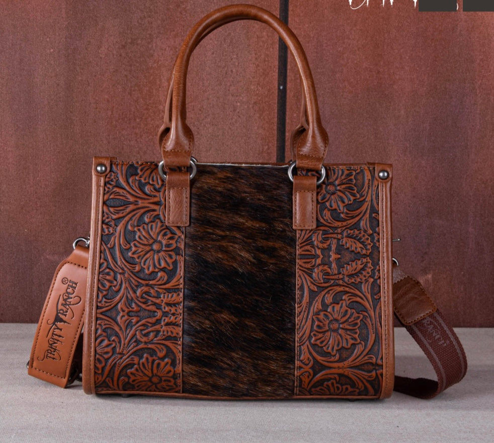 Trinity Ranch Hair On Cowhide Floral Tooled Concealed Carry Bag