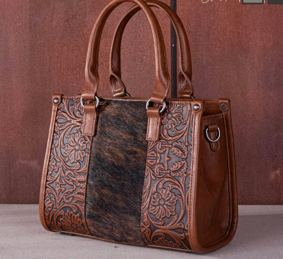 Trinity Ranch Hair On Cowhide Floral Tooled Concealed Carry Bag