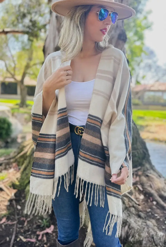 Striped Ruana Cardigan with Tassel