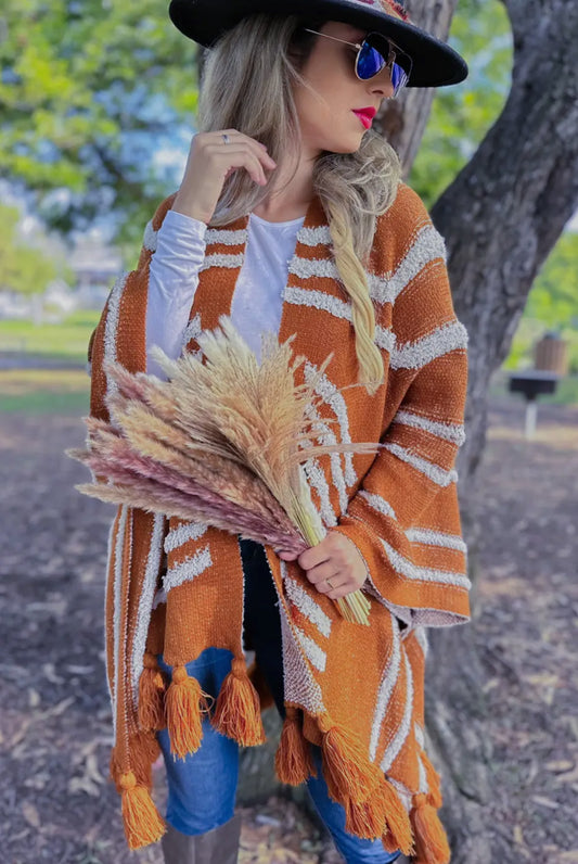 Caramel Textured Cardigan with Chunky Tassels