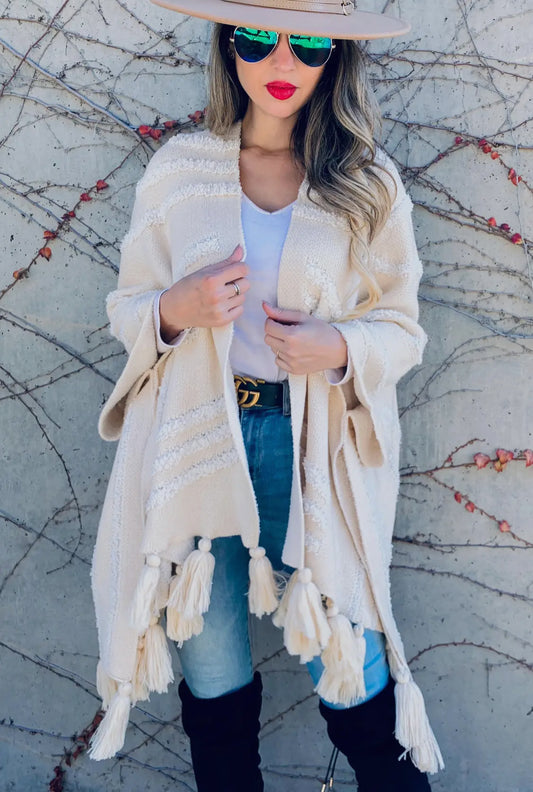 Cream Textured Cardigan with Chunky Tassels