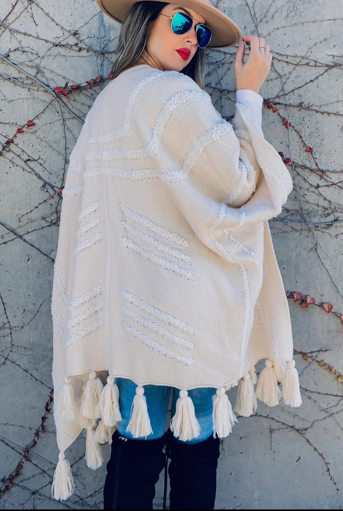 Cream Textured Cardigan with Chunky Tassels