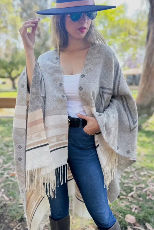 Grey Multi Aztec Ruana with Tassel