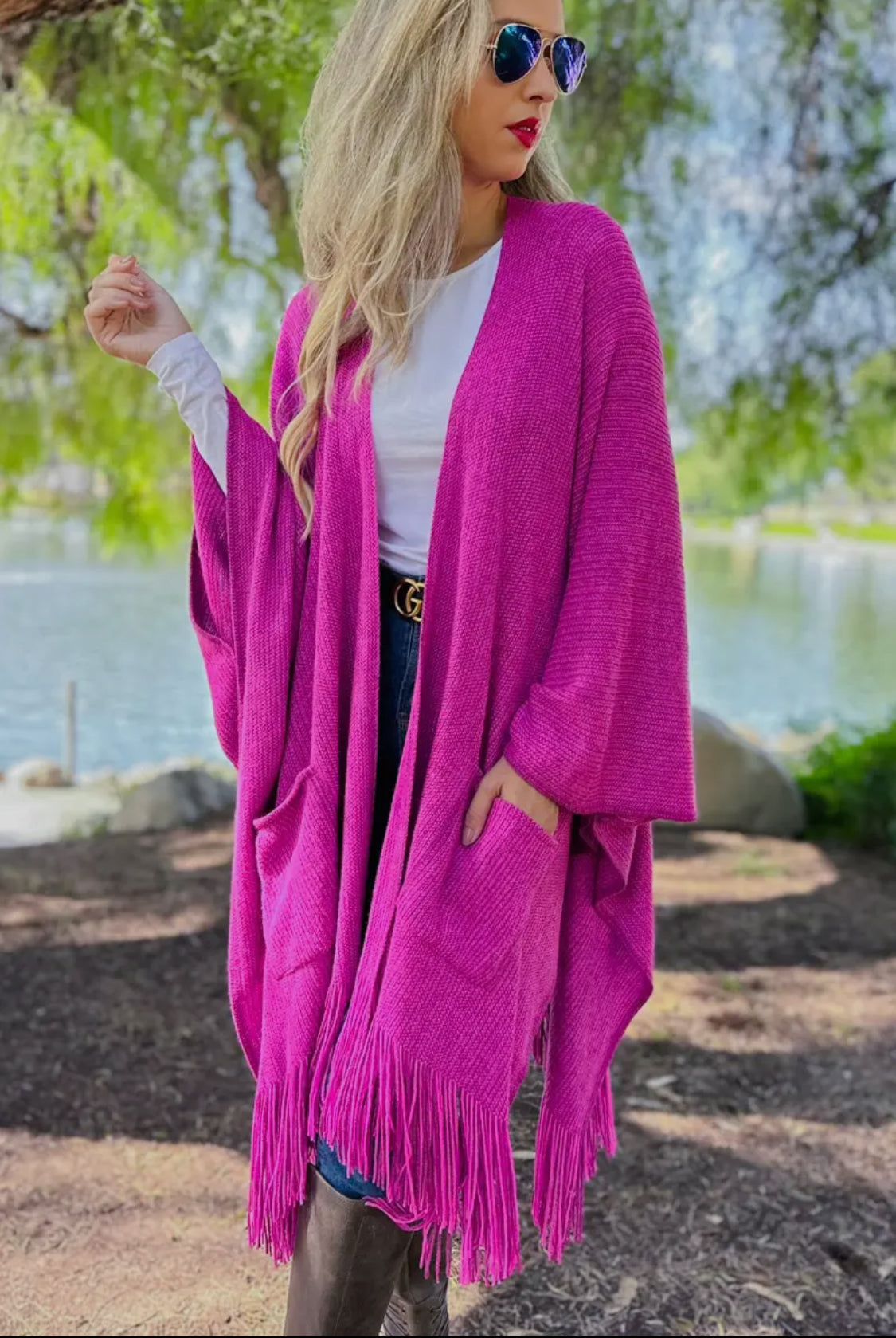 Fuchsia Pocket Kimono Cardigan with Fringe