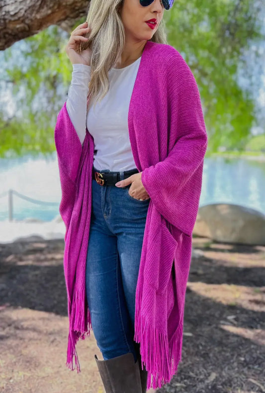 Fuchsia Pocket Kimono Cardigan with Fringe