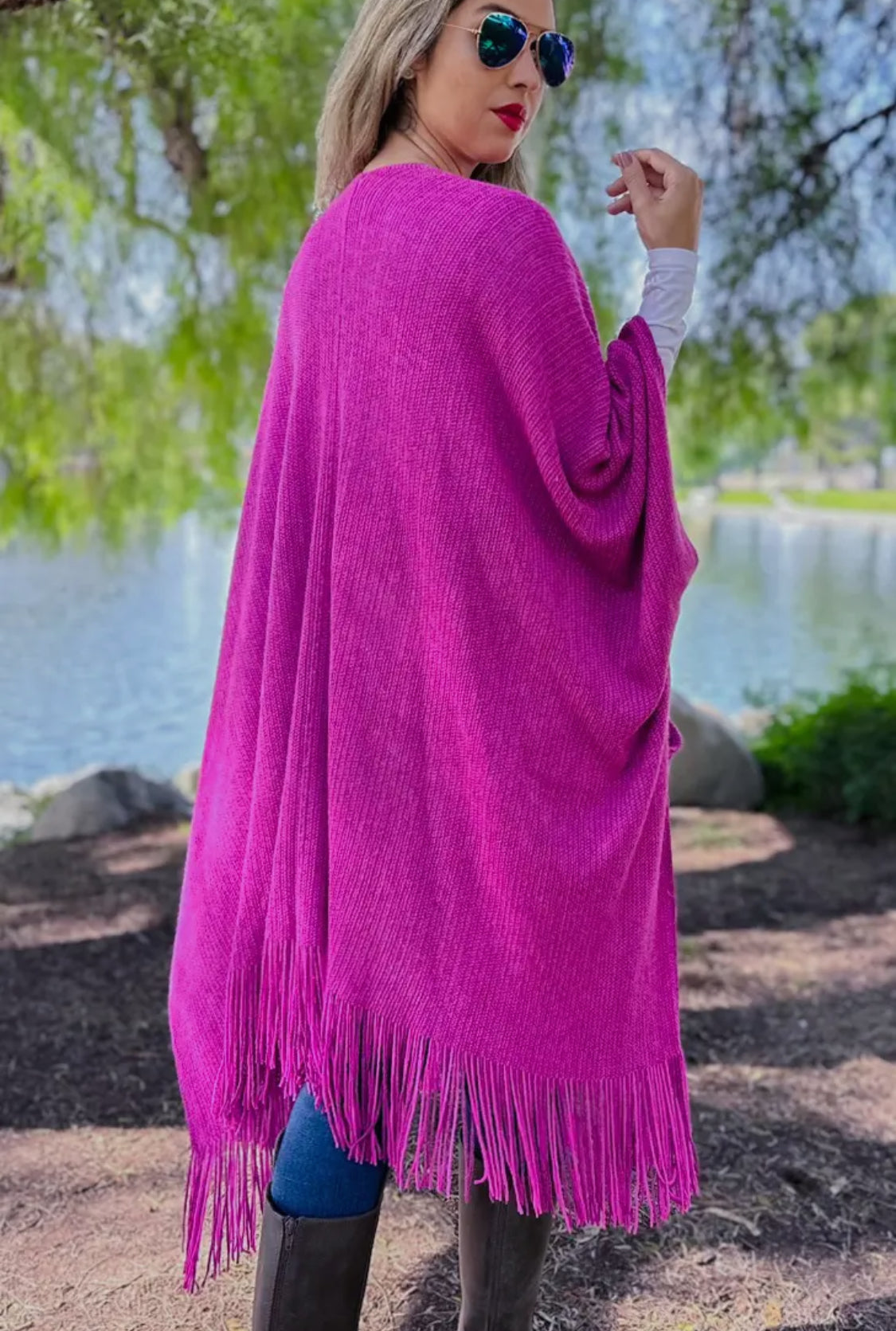 Fuchsia Pocket Kimono Cardigan with Fringe